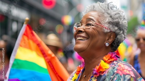 black senior gay lesbian woman joyfully participates in a parade photo