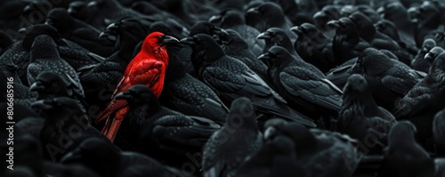 An intense red bird stands out among black crows underlining appearance and difference in a crowd.
