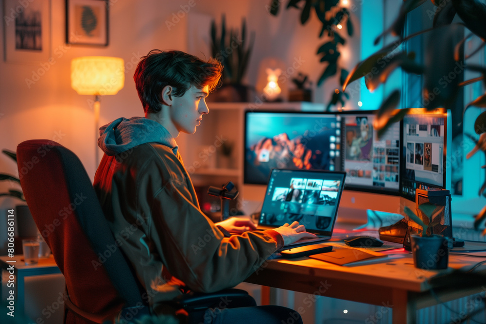 Young Man Engaged in Digital Creative Work at Night. Young Man Engaged in Digital Creative Work at Night.