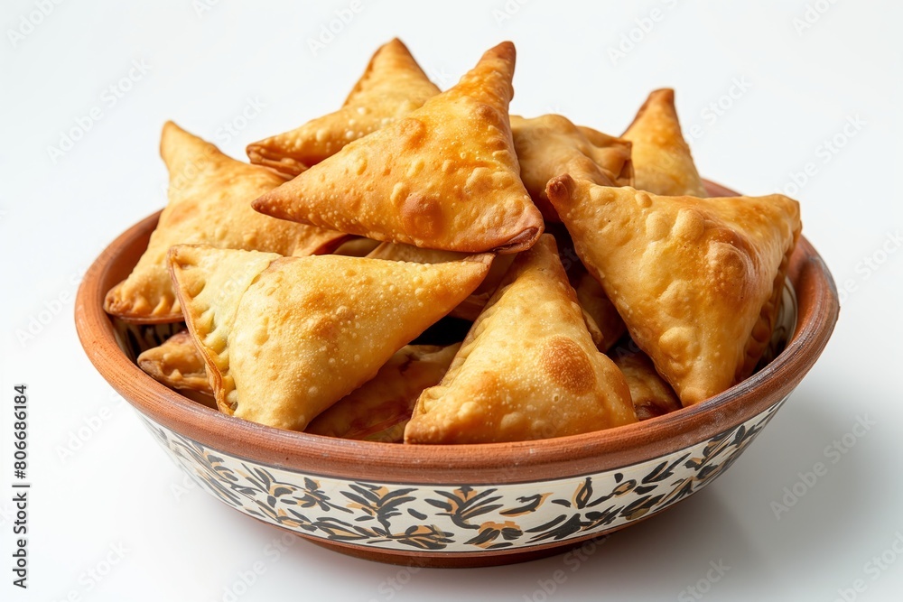 Crisp, golden samosas pastries in a floral bowl on white background