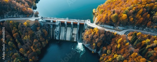 A dramatic overhead view of a dam releasing torrents of water, showcasing human engineering and environmental impact. photo