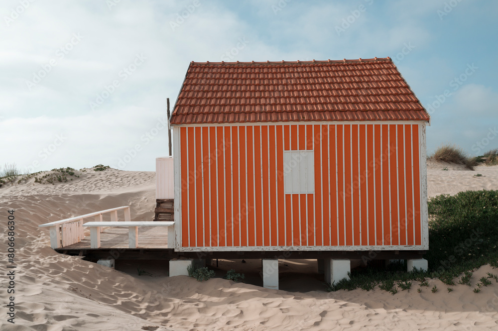 Portugal,Exterior of beach hut with tiled roof Portugal,Exterior of beach hut with tiled roof