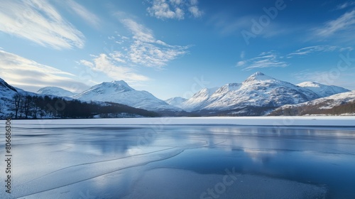 Tranquil scene of a frozen lake with snow-capped mountains under a clear blue sky