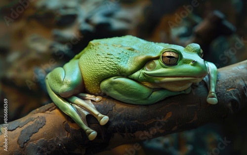 Captures a Frog's Peaceful Rest on a Branch, Generative ai. photo
