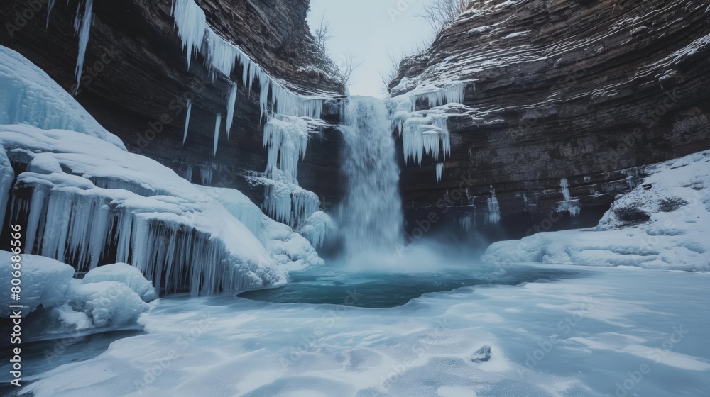 Breathtaking view of a cascading waterfall surrounded by icicles and snow