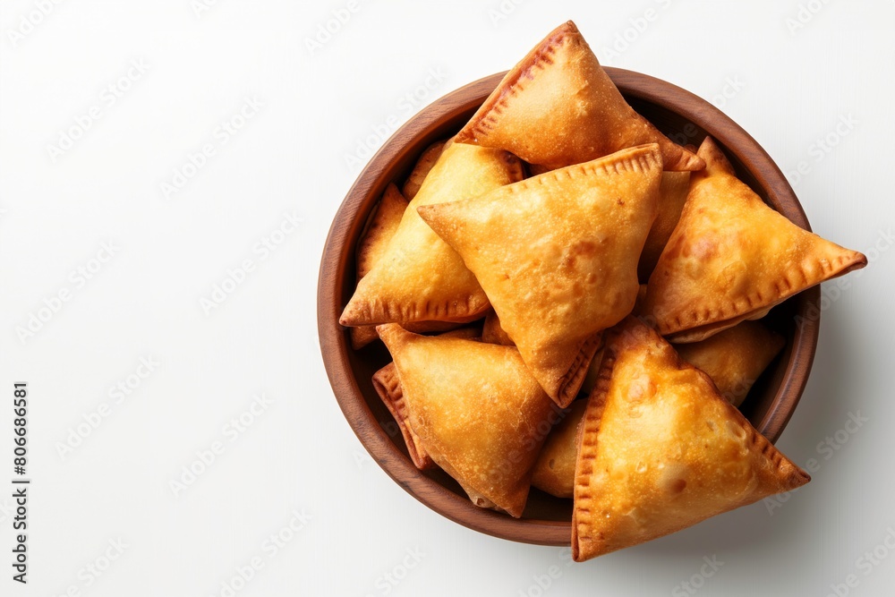 A bowl of golden, crispy triangular pastries, freshly fried and perfect for a savory snack or appetizer A bowl of golden, crispy triangular pastries, freshly fried and perfect for a savory snack or appetizer