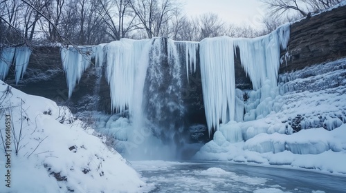 Enchanting view of a cascading waterfall turned into a stunning icy spectacle with surrounding snow and frosted trees
