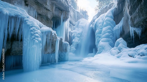 Waterfall in winter with ice hanging from it © Татьяна Евдокимова