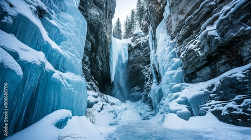 Waterfall in the mountains with ice formations on the sides