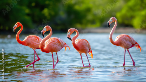 Vibrant group of flamingos stands gracefully in a shallow lagoon  their reflections mirrored in the tranquil water