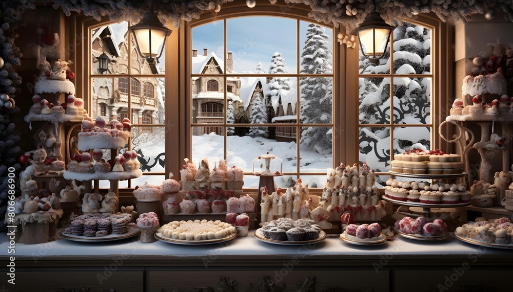 Merry Christmas and Happy New Year. Panoramic view from window of candy shop.