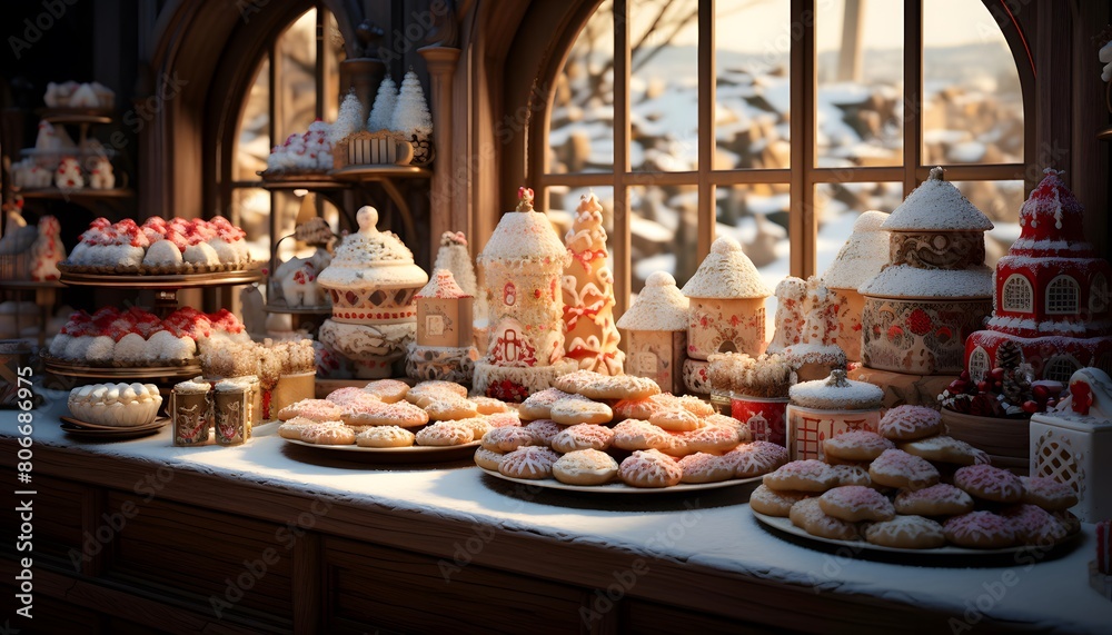 Variety of sweet pastries on display in a shop window.