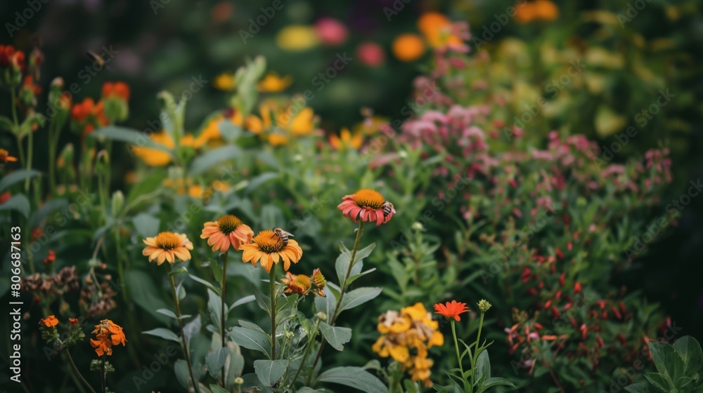 Obraz premium Tranquil garden scene showcasing an array of brightly colored flowers and lush greenery