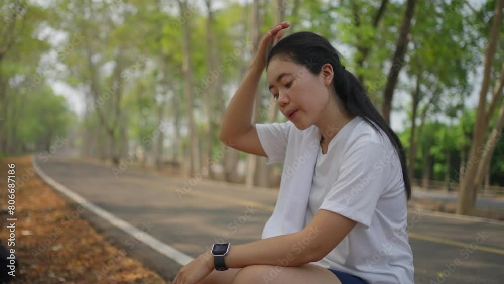 An active Asian woman taking a break to catch her breath and using white towel to wipe off her sweat after her morning run at a public park An active Asian woman taking a break to catch her breath and using white towel to wipe off her sweat after her morning run at a public park