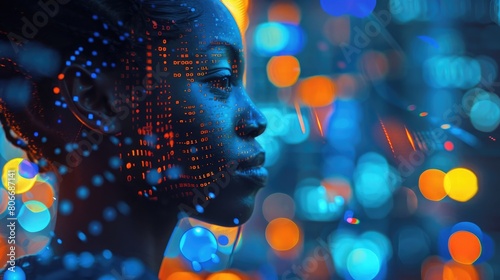  A black woman in profile with computer code and data visualizations overlaying her face, overlaying digital elements © masyastadnikova