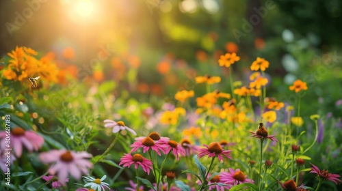 Tranquil image capturing the golden sunset over a lush garden abloom with colorful flowers, replete with busy bees