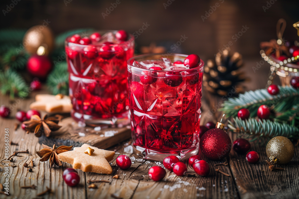 Christmas Cranberry Drinks with Festive Decorations.