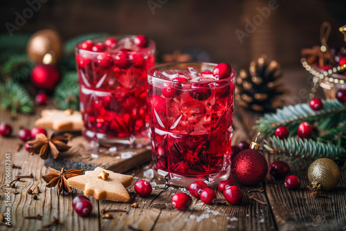 Christmas Cranberry Drinks with Festive Decorations.