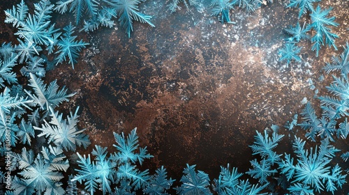 Icy blue frost designs on a dark espresso brown backdrop with a crystal-like surface.