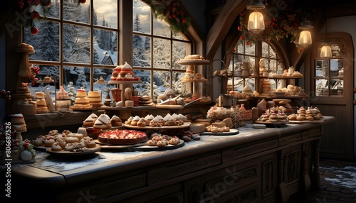 A wide angle shot of a selection of delicious pastries in a bakery
