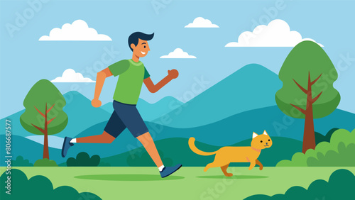 A relaxed jogger ambles through a serene countryside and makes friends with a curious stray cat who joins them on their gentle run.. Vector illustration