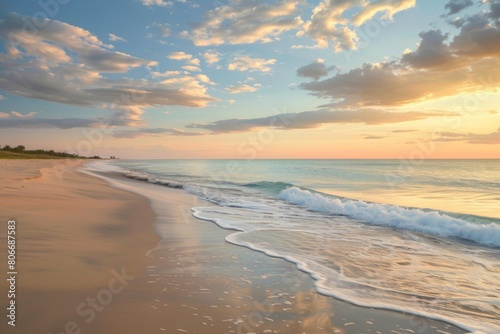 Peaceful misty beach at sunrise with gentle waves