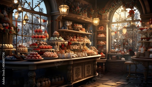 Bakery shop in Paris, France. Panoramic photo.