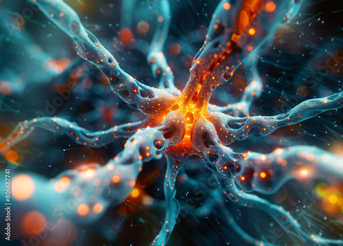 Digital illustration of a neuron with glowing connections in a neural network