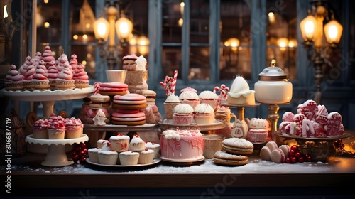 Assortment of cakes in a shop window. Selective focus.