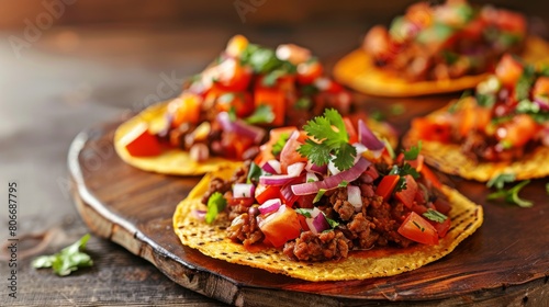 Three tacos filled with meat and vegetables arranged on a wooden plate