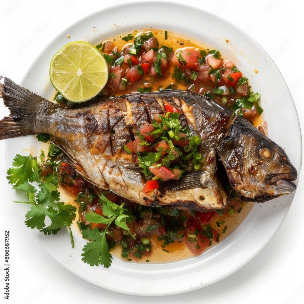 A white plate filled with Zarandeado fish and assorted vegetables A white plate filled with Zarandeado fish and assorted vegetables