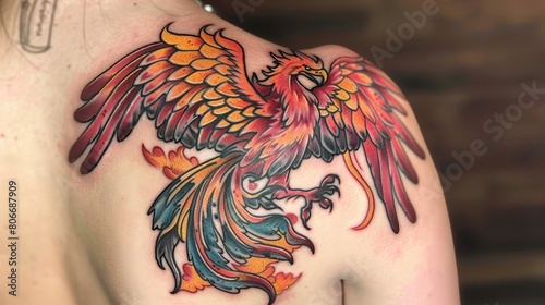 Majestic phoenix tattoo in vibrant colors on the shoulder, symbolizing renewal and fire, against a plain backdrop to showcase its beauty