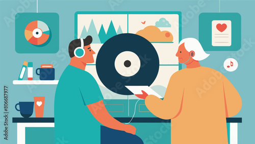 In a rehabilitation center patients use vinyl record listening as part of their music therapy sessions. The soothing melodies and nostalgic crackling Vector illustration