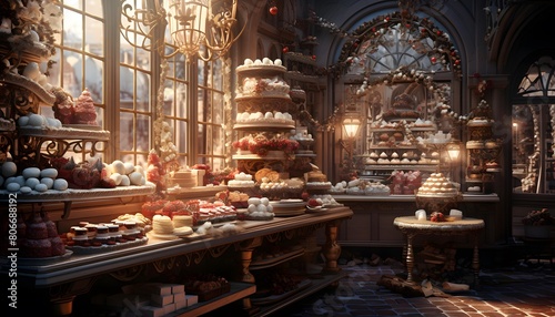 Cake shop in Paris, France. Panoramic shot.