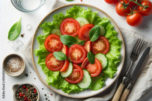 plate of salad with tomatoes and cucumbers on a table