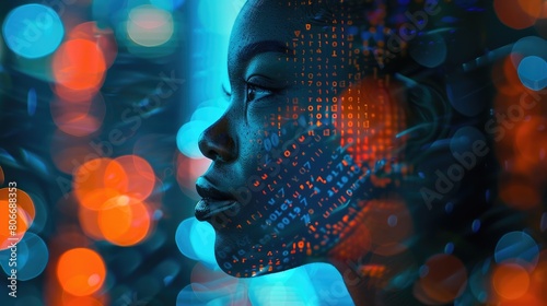  A black woman in profile with computer code and data visualizations overlaying her face, overlaying digital elements