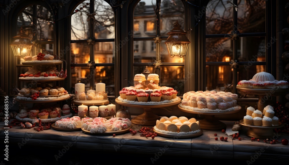 Traditional French pastry at night in Paris, France. Panoramic image