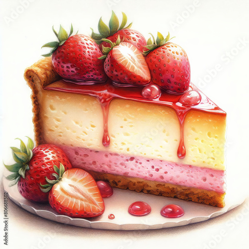 slice of strawberry cheesecake with strawberries on top