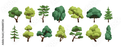 Trees set. Forest foliage plants. Lush leaf canopy of deciduous and coniferous. Summer wood. Green leafy crowns and trunks. Botanical natural flat vector illustration isolated on white background