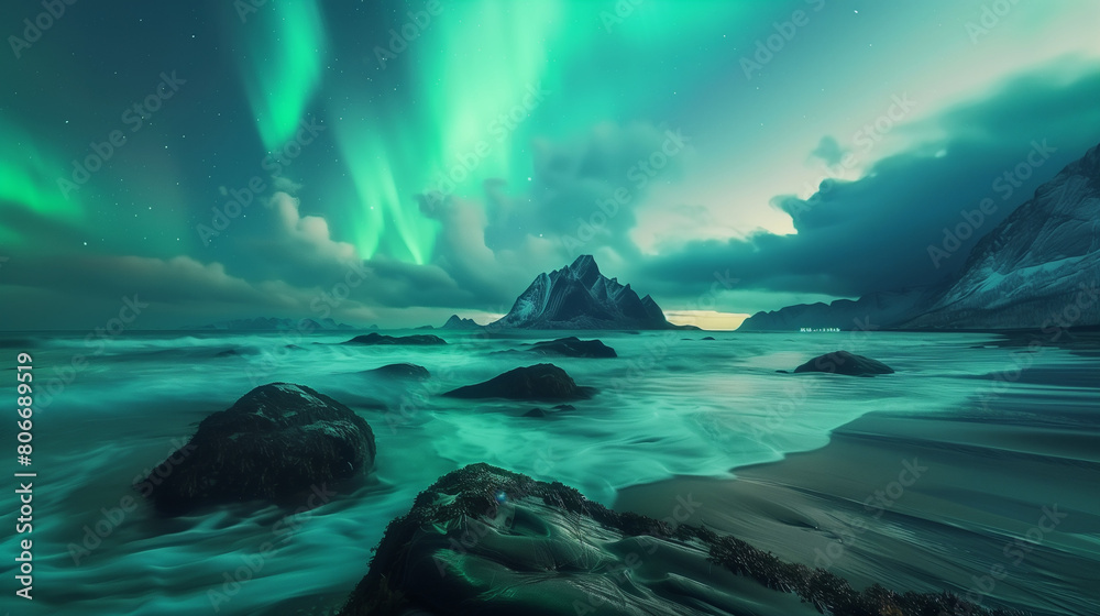 This stunning image captures the ethereal beauty of the northern lights, illuminating the night sky with vibrant green polar auroras over the scenic landscape of  Islands, Norway.