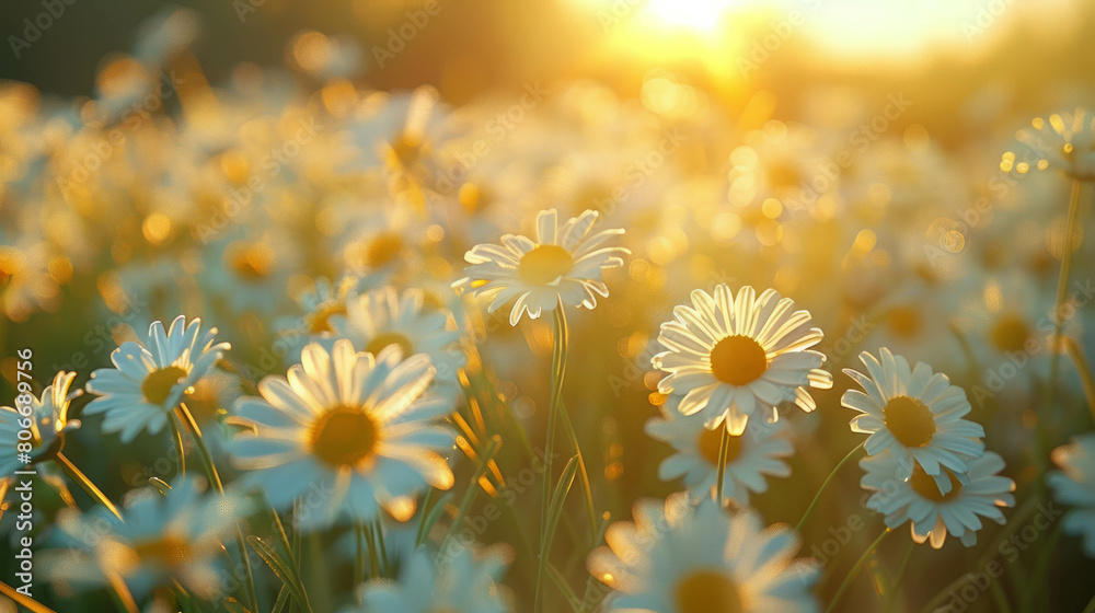 Beautiful spring daisies in daylight, close-up shot of blossoming flowers, AI generative.