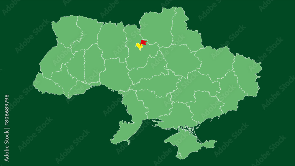 Map of Ukraine with the regions, filled with a flag.