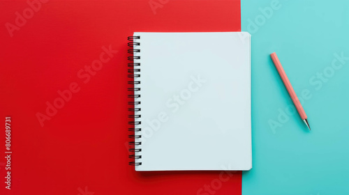 Office Supplies Blank Notebook and pen mockup on the green table