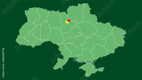 Map of Ukraine with the regions, filled with a flag.