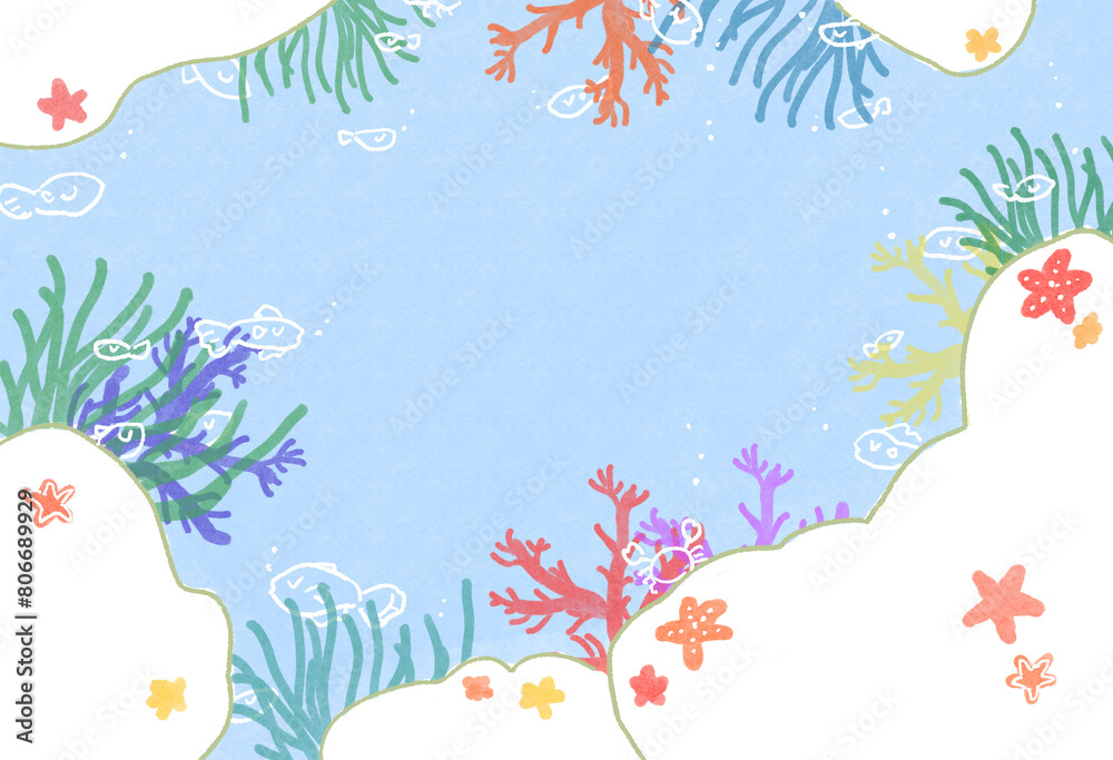 小魚と珊瑚とヒトデのいる海の背景イラスト 小魚と珊瑚とヒトデのいる海の背景イラスト