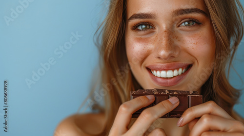 Close-up of a young woman holding a chocolate bar in her hands