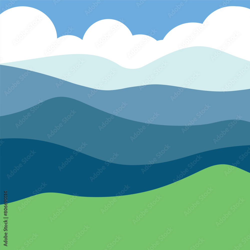Vector illustration of a landscape with mountains and clouds in flat style.