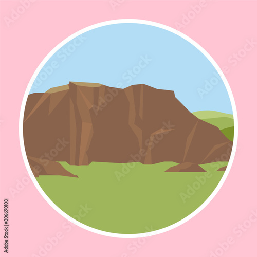 Rocky mountain landscape in flat style. Vector illustration on a pink background.