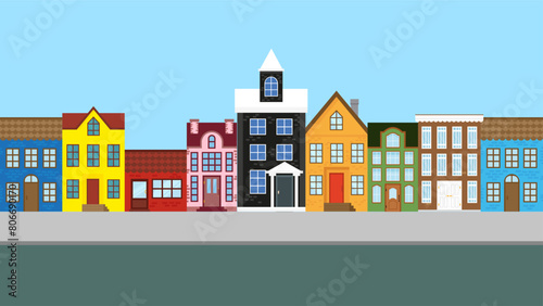Colorful houses on the street. Vector illustration in flat style.