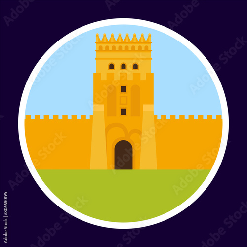 Castle icon in flat style on blue background. Fortress vector illustration.